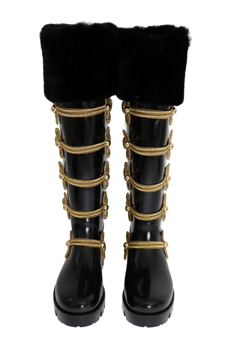 Black Fur Gold Rubber Rain Boots