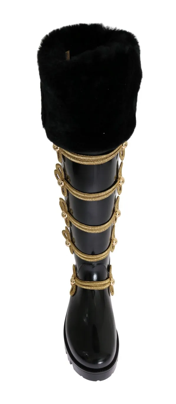 Black Fur Gold Rubber Rain Boots