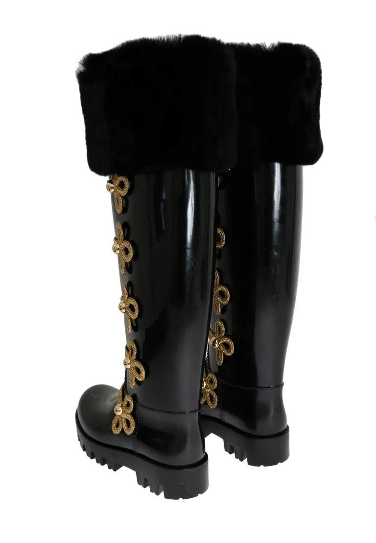 Black Fur Gold Rubber Rain Boots