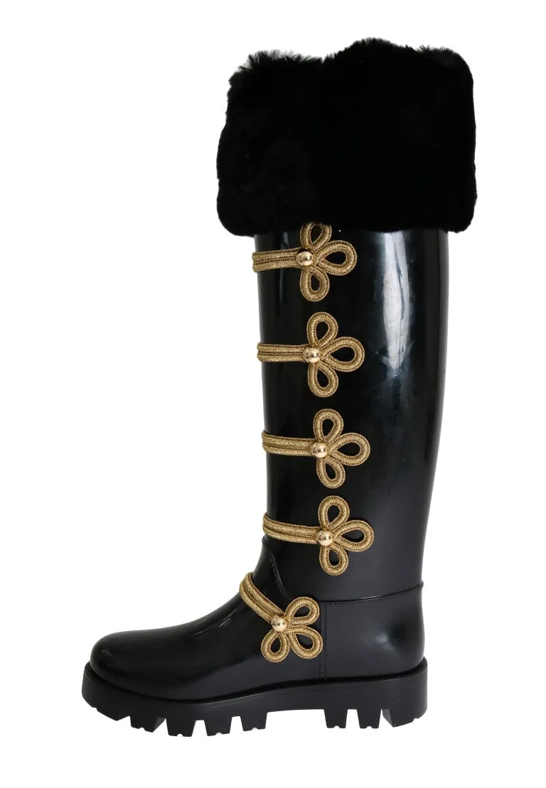 Black Fur Gold Rubber Rain Boots