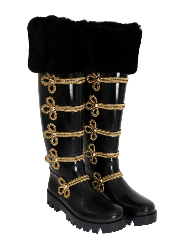 Black Fur Gold Rubber Rain Boots