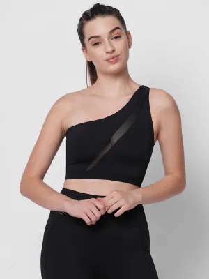 Black one shoulder center net detail sports bra