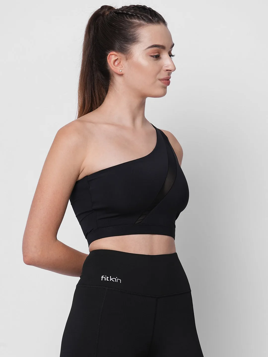Black one shoulder center net detail sports bra