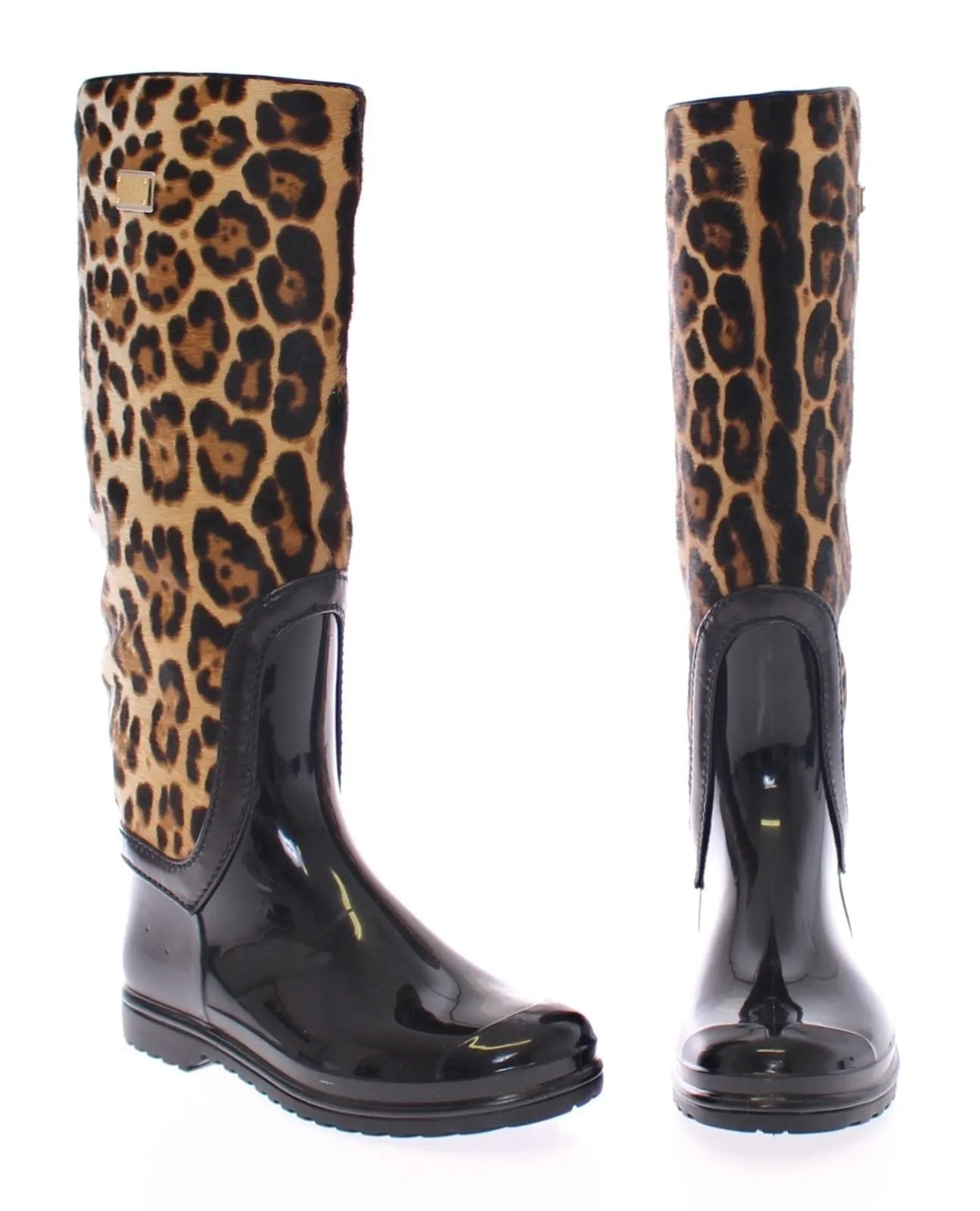 Black Rubber Leopard Pony Leather Rain Boots
