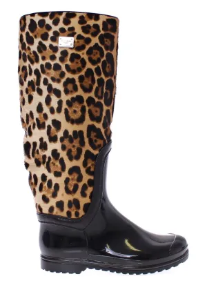 Black Rubber Leopard Pony Leather Rain Boots