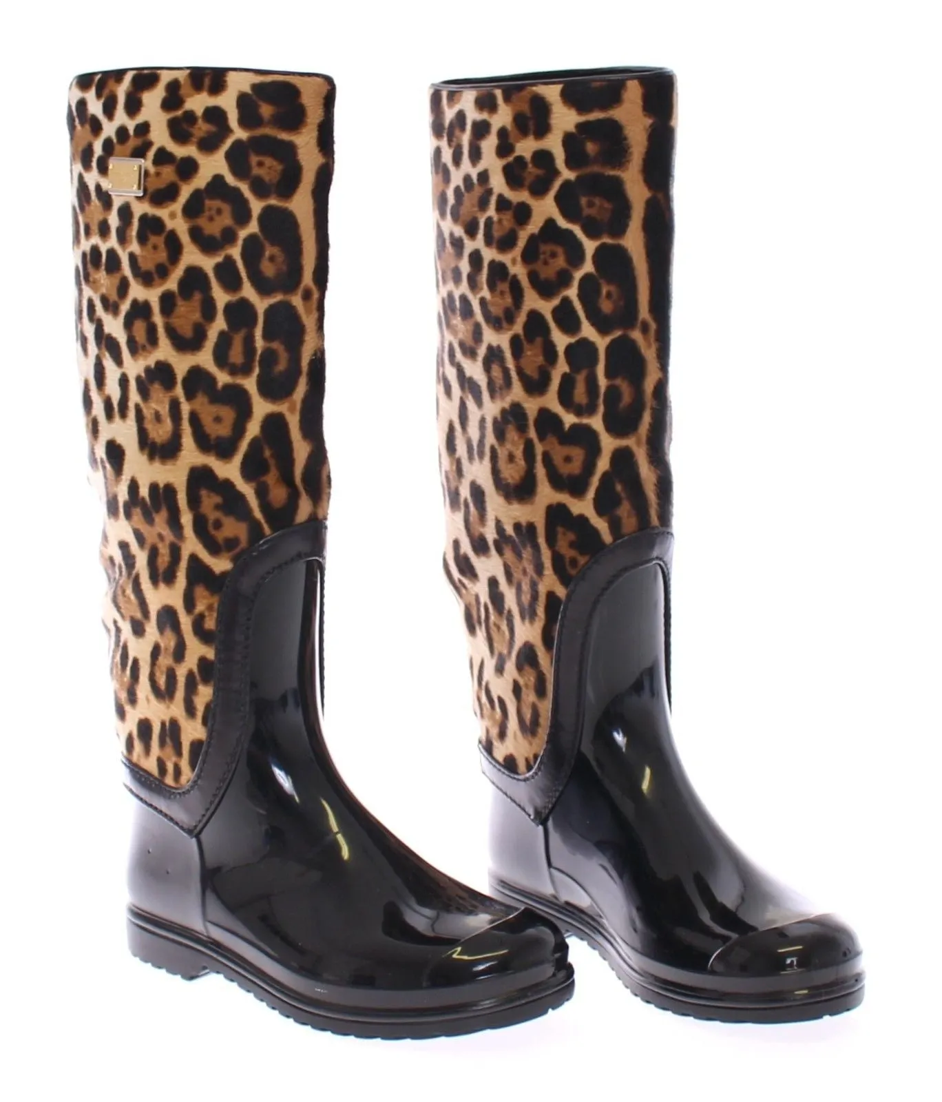 Black Rubber Leopard Pony Leather Rain Boots