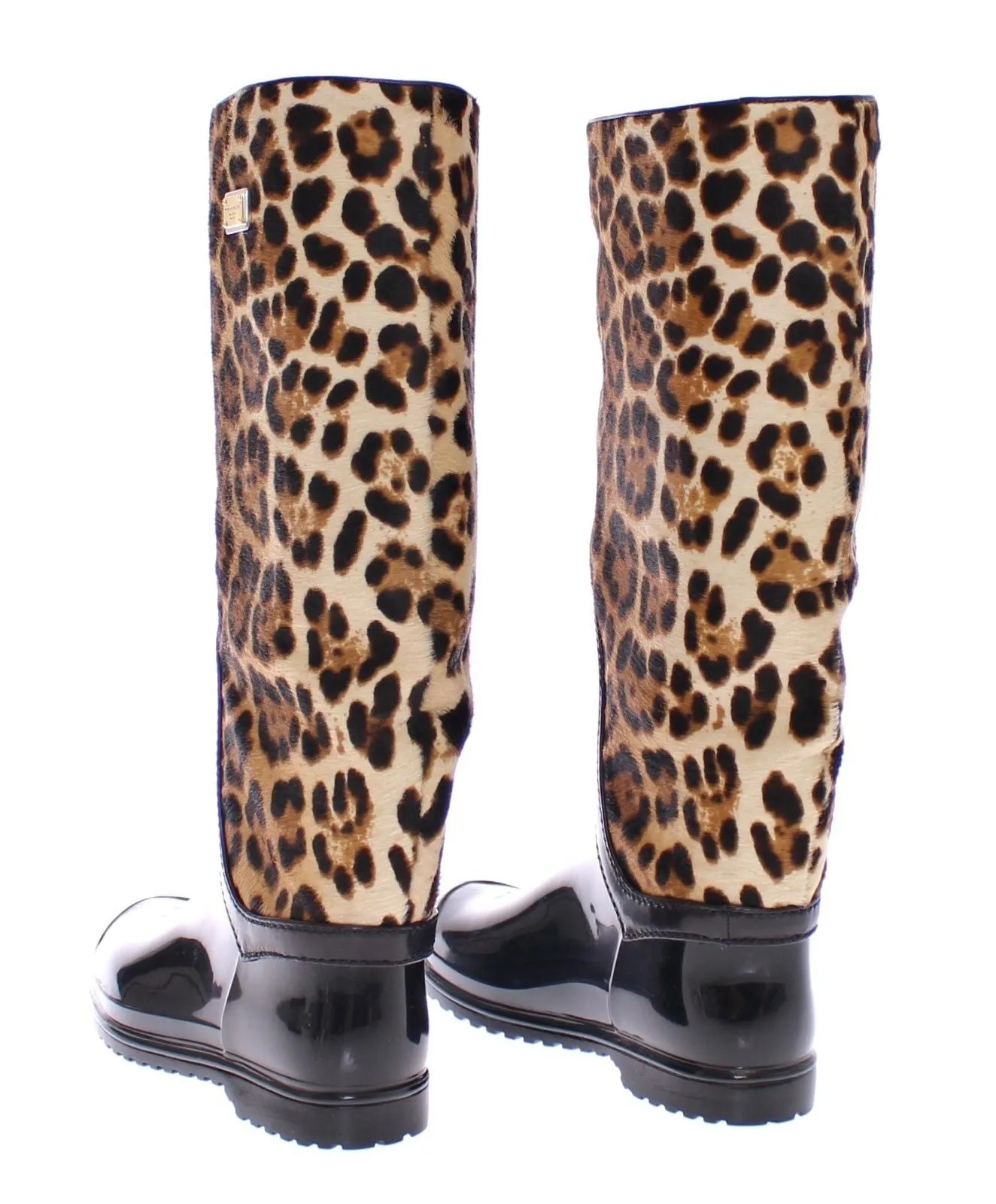 Black Rubber Leopard Pony Leather Rain Boots