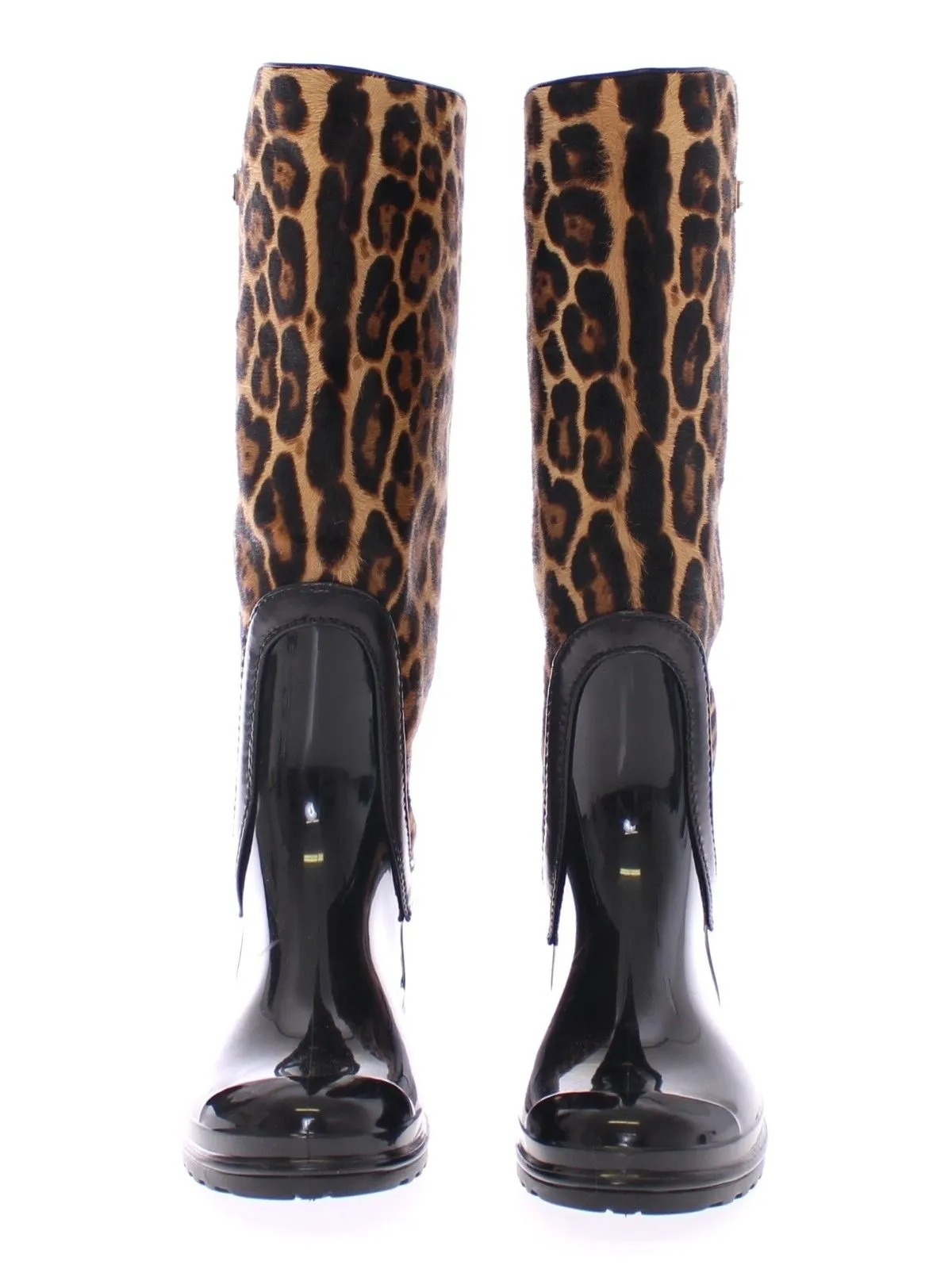 Black Rubber Leopard Pony Leather Rain Boots