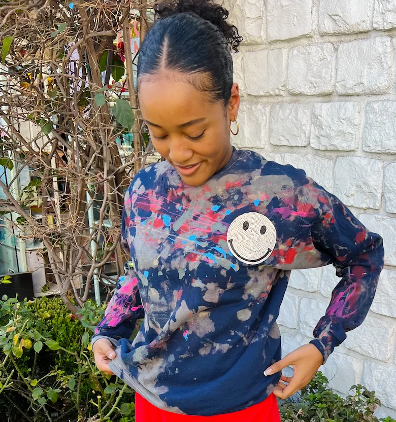 Blue Bleach Distressed Smiley Crewneck