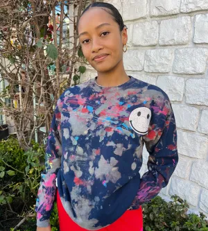 Blue Bleach Distressed Smiley Crewneck
