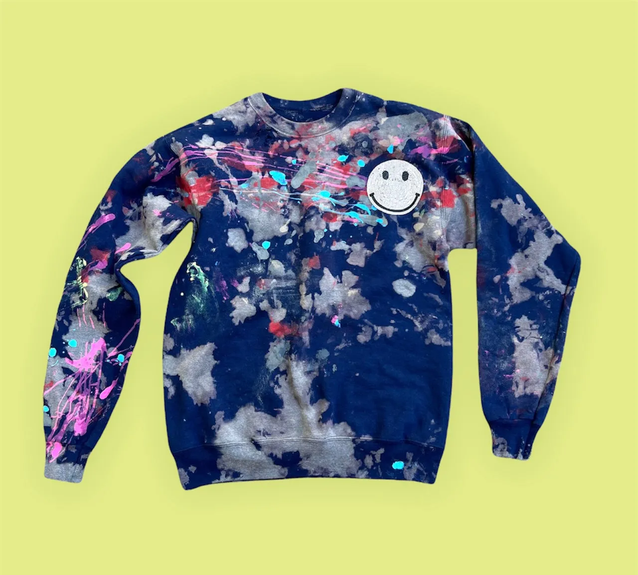 Blue Bleach Distressed Smiley Crewneck