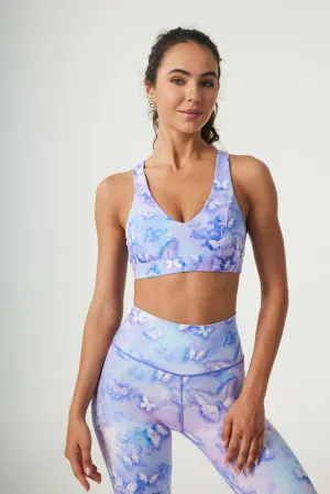 Blue Blossom V-Neck Sports Bra – Women's Floral Print Activewear Top with Medium Support