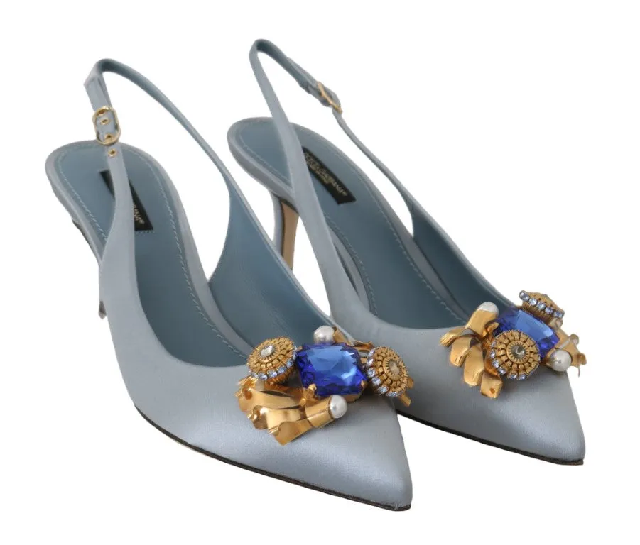 Blue Silk Bellucci Crystal Slingbacks Shoes