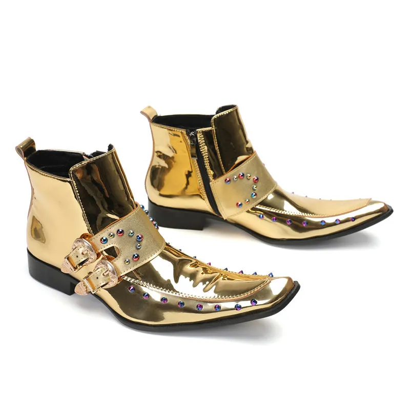 British square-toe cowhide shoes high-top suits formal men's leather boots business short boots handmade Chelsea boots men's glossy