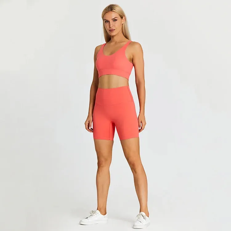 Brushed Yoga Set for Women - High Waist Gym Shorts and Push Up Strappy Sports Bra