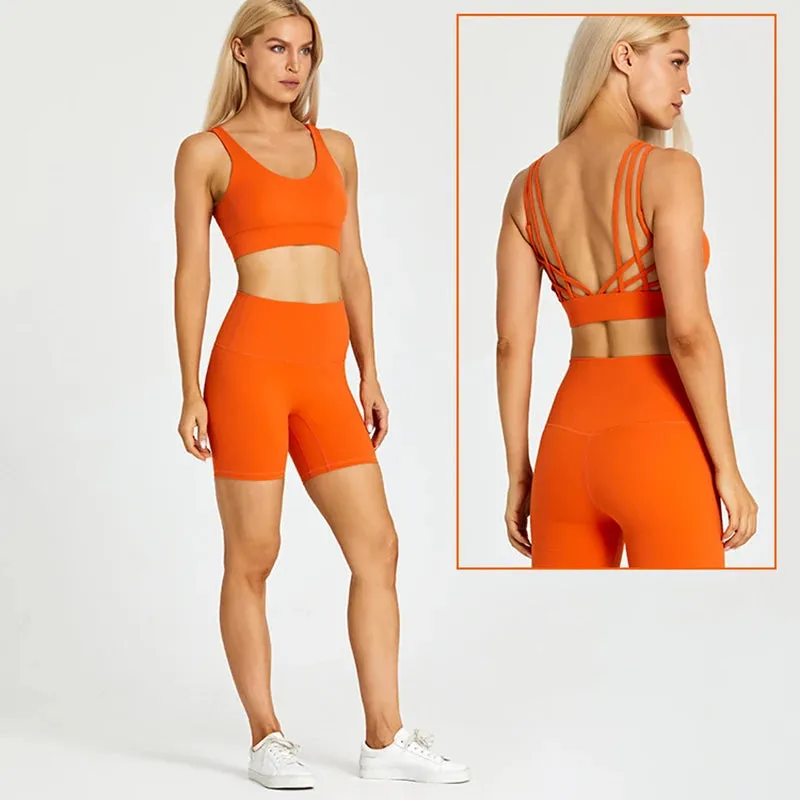 Brushed Yoga Set for Women - High Waist Gym Shorts and Push Up Strappy Sports Bra