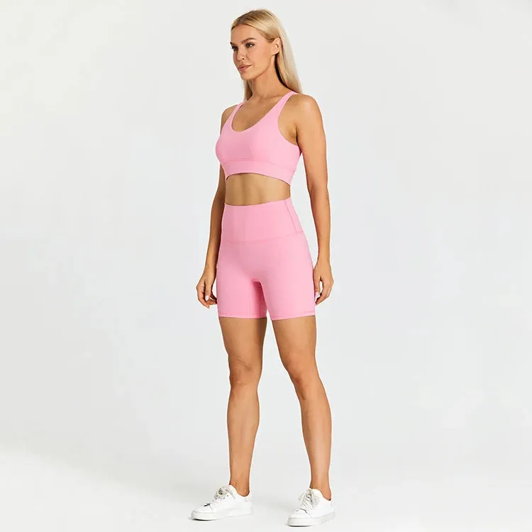 Brushed Yoga Set for Women - High Waist Gym Shorts and Push Up Strappy Sports Bra