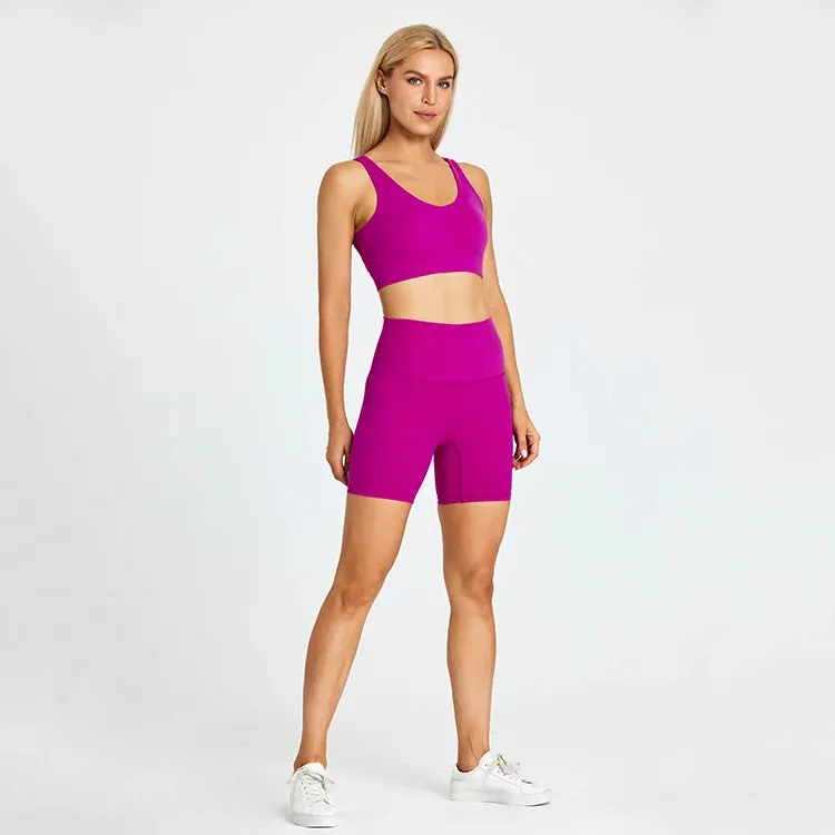 Brushed Yoga Set for Women - High Waist Gym Shorts and Push Up Strappy Sports Bra