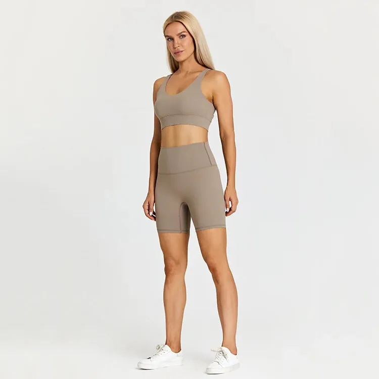 Brushed Yoga Set for Women - High Waist Gym Shorts and Push Up Strappy Sports Bra