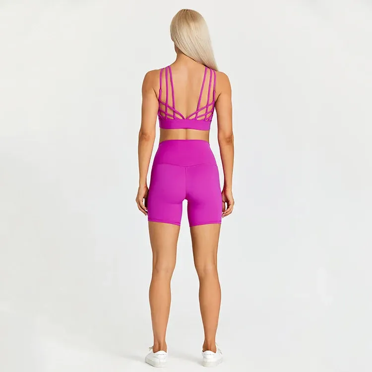 Brushed Yoga Set for Women - High Waist Gym Shorts and Push Up Strappy Sports Bra