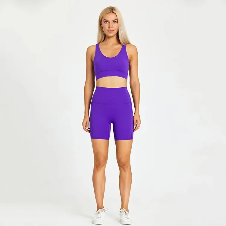 Brushed Yoga Set for Women - High Waist Gym Shorts and Push Up Strappy Sports Bra