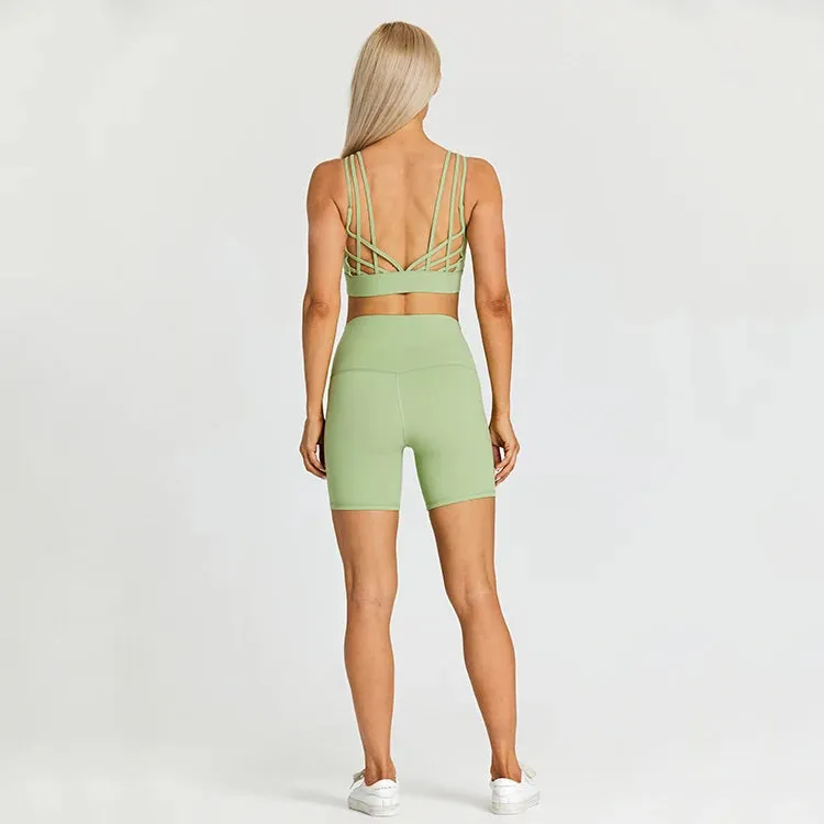 Brushed Yoga Set for Women - High Waist Gym Shorts and Push Up Strappy Sports Bra