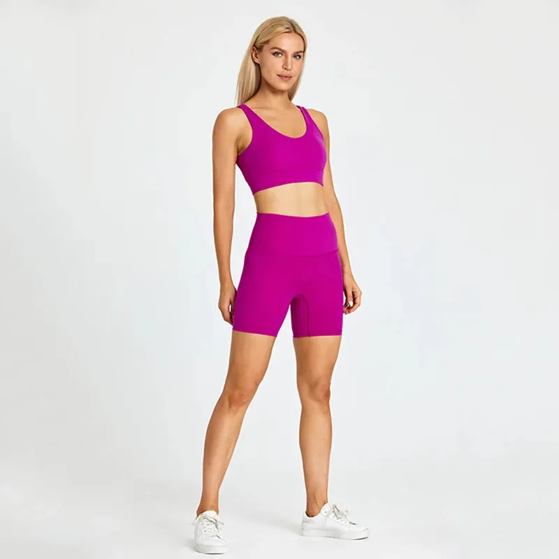 Brushed Yoga Set for Women - High Waist Gym Shorts and Push Up Strappy Sports Bra
