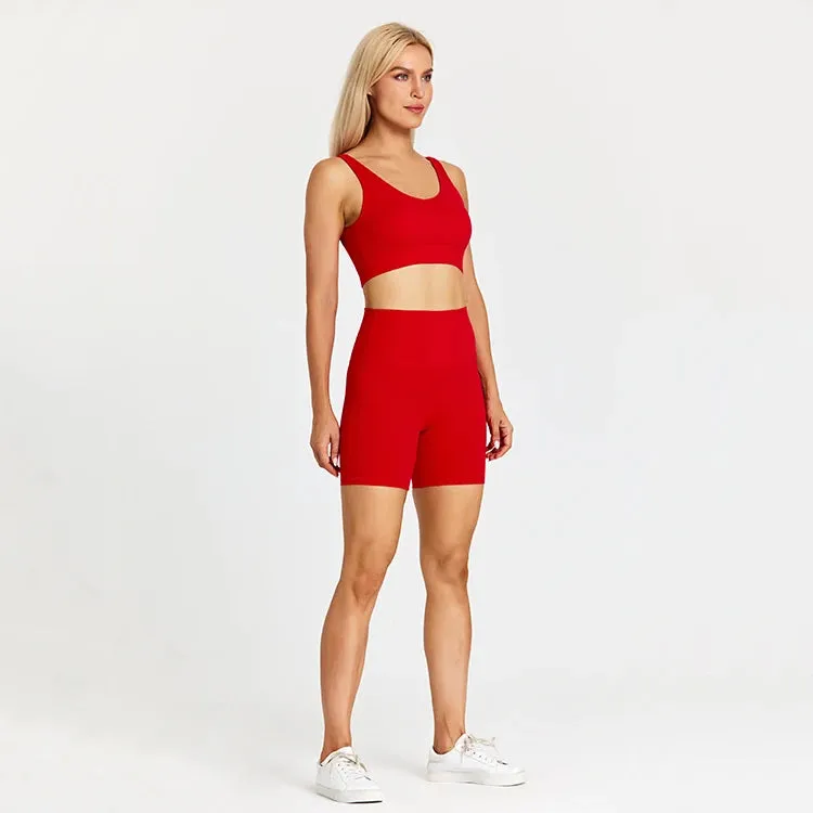Brushed Yoga Set for Women - High Waist Gym Shorts and Push Up Strappy Sports Bra