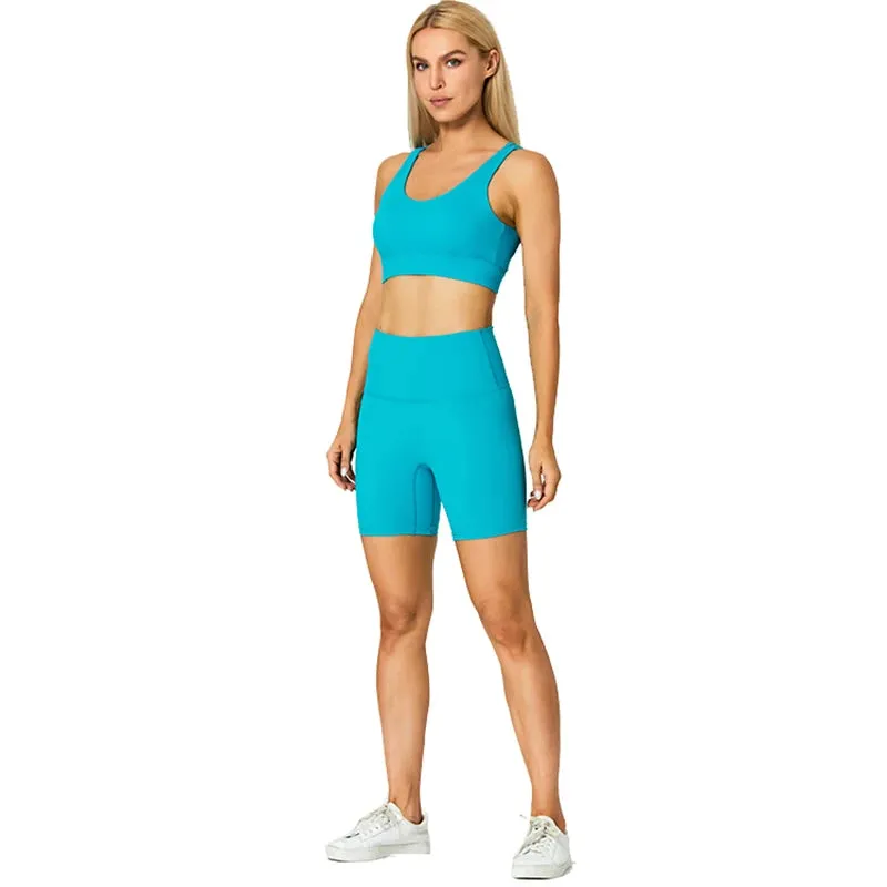 Brushed Yoga Set for Women - High Waist Gym Shorts and Push Up Strappy Sports Bra