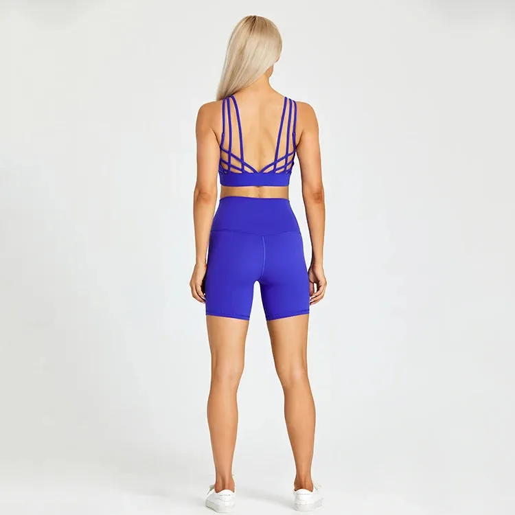 Brushed Yoga Set for Women - High Waist Gym Shorts and Push Up Strappy Sports Bra
