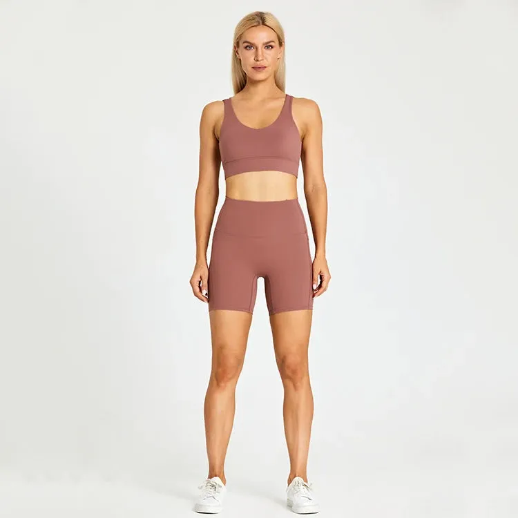 Brushed Yoga Set for Women - High Waist Gym Shorts and Push Up Strappy Sports Bra