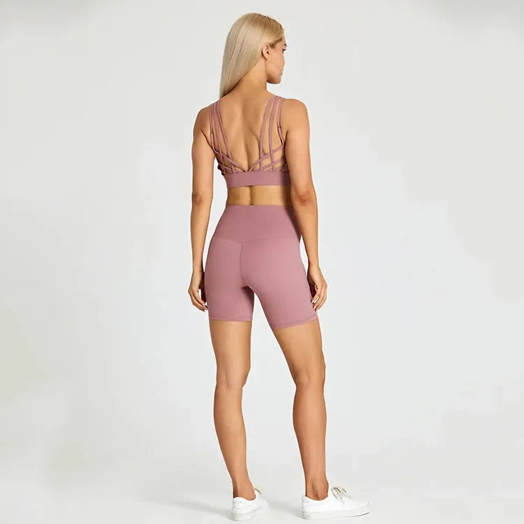 Brushed Yoga Set for Women - High Waist Gym Shorts and Push Up Strappy Sports Bra