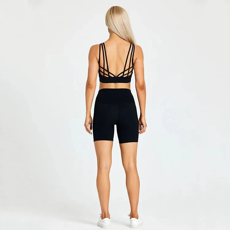 Brushed Yoga Set for Women - High Waist Gym Shorts and Push Up Strappy Sports Bra