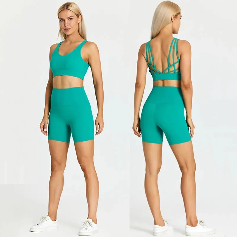 Brushed Yoga Set for Women - High Waist Gym Shorts and Push Up Strappy Sports Bra