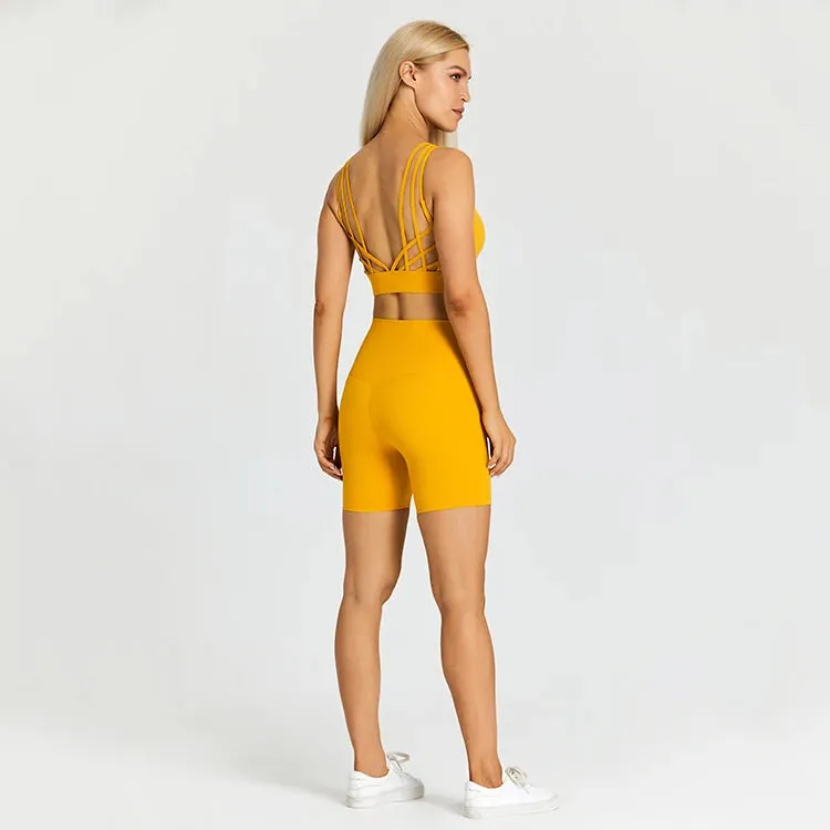 Brushed Yoga Set for Women - High Waist Gym Shorts and Push Up Strappy Sports Bra