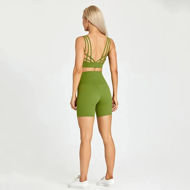 Brushed Yoga Set for Women - High Waist Gym Shorts and Push Up Strappy Sports Bra