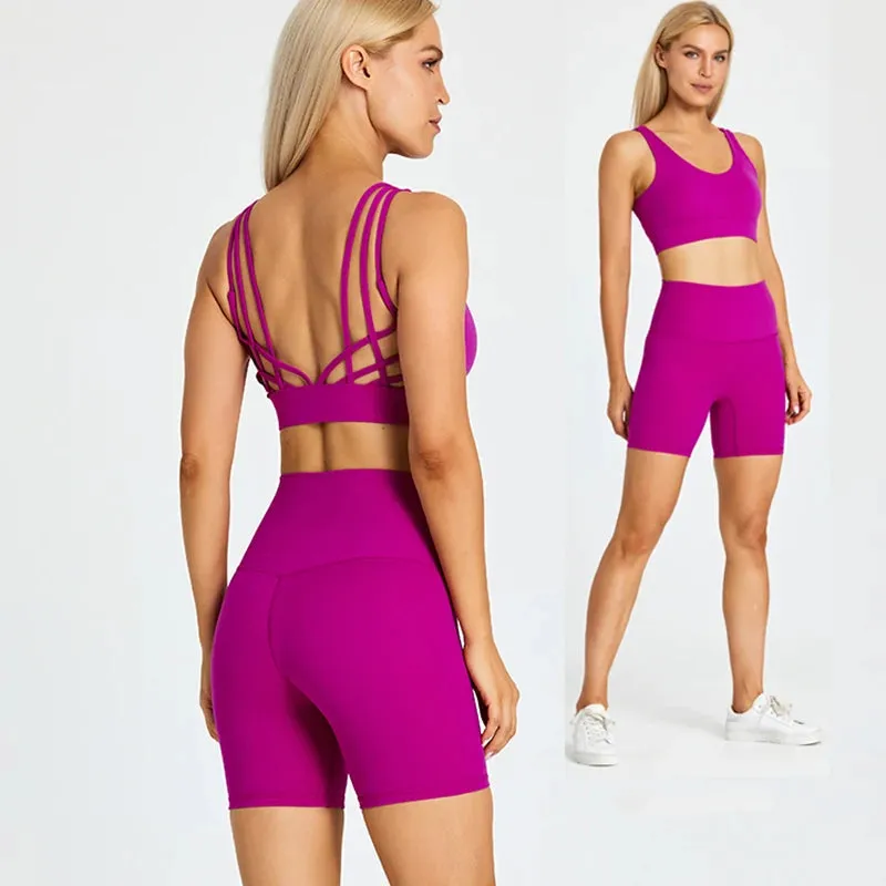 Brushed Yoga Set for Women - High Waist Gym Shorts and Push Up Strappy Sports Bra