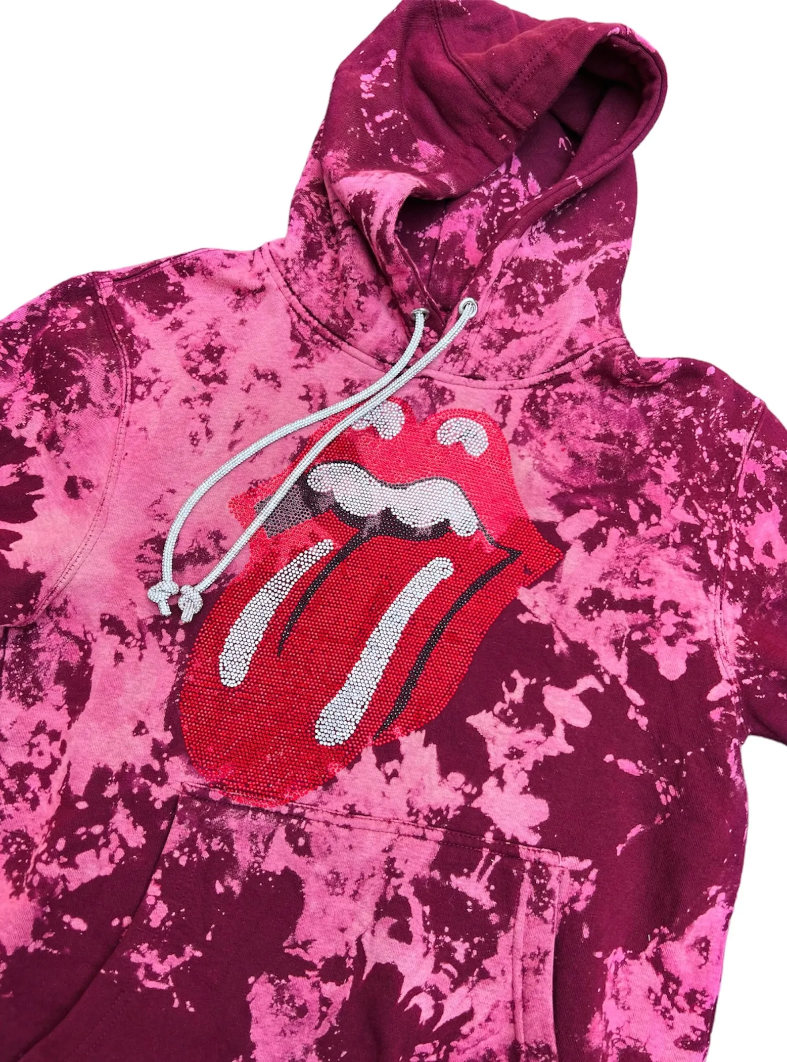 Burgundy Bleach Tie Dye Tongue Rhinestone Hoodie