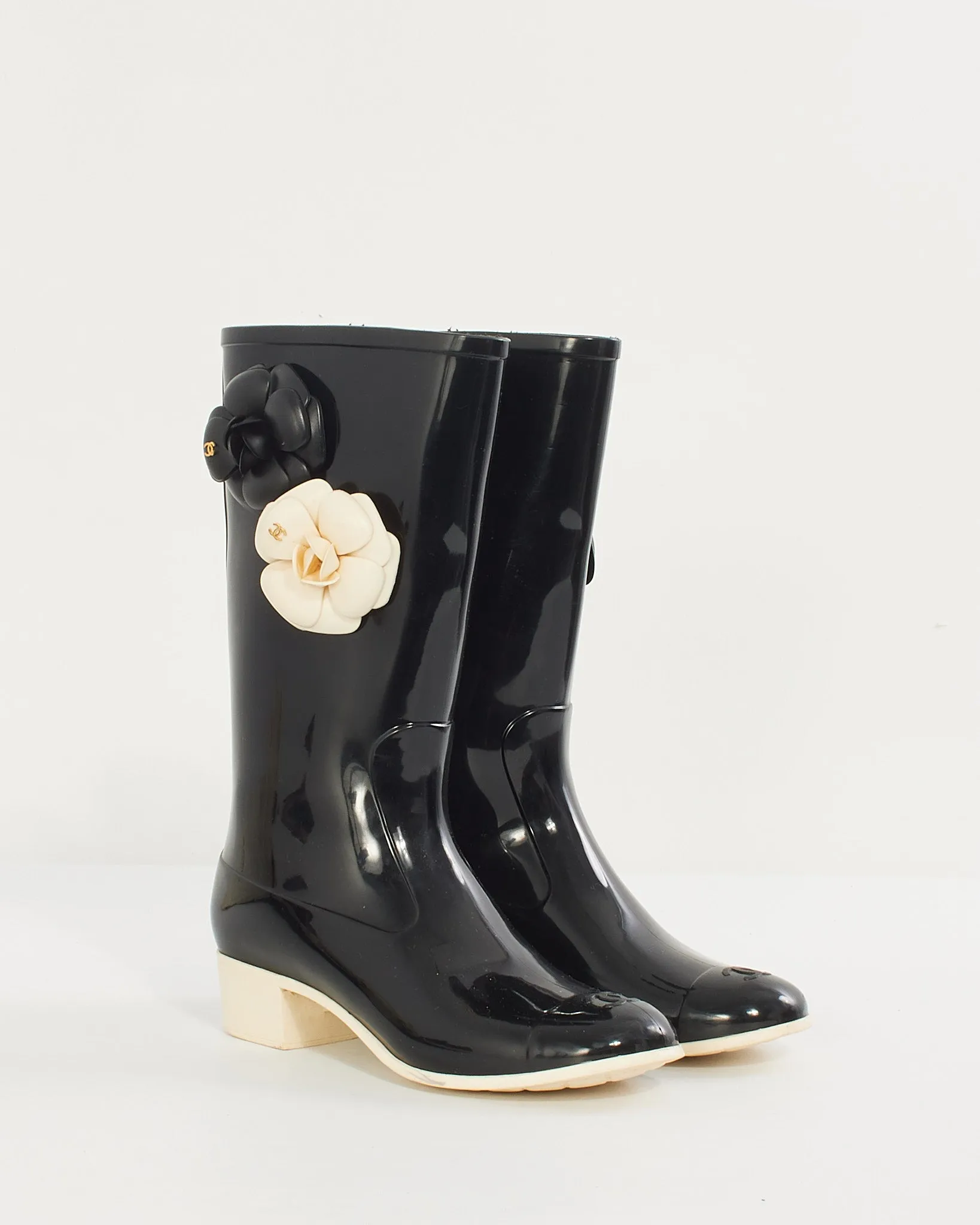 Chanel Black/Cream Rubber Camellia Flower Rain Boots - 38
