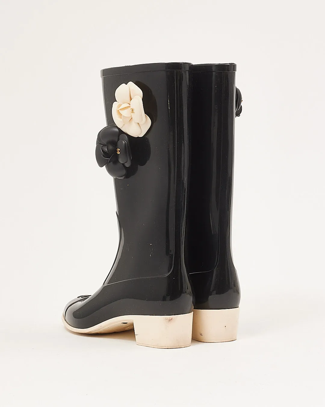 Chanel Black/Cream Rubber Rain Camellia Boots - 40