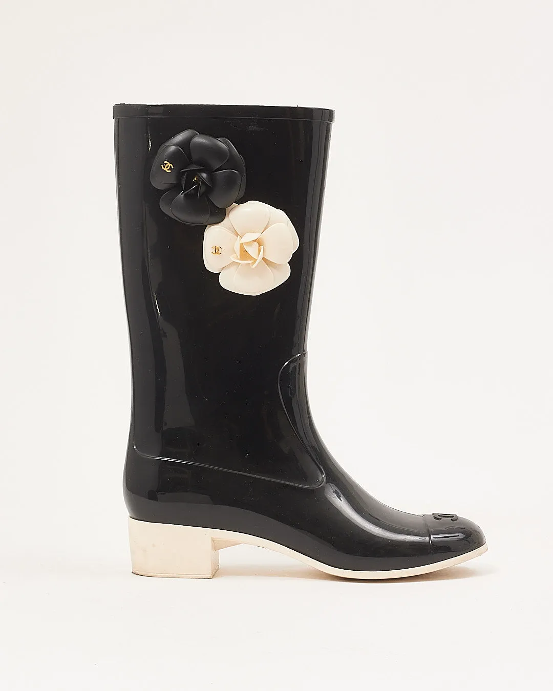 Chanel Black/Cream Rubber Rain Camellia Boots - 40