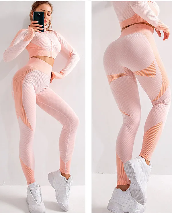 ColorBlock Stand-Up Collar Zipper Jacket And Leggings Gym Sets