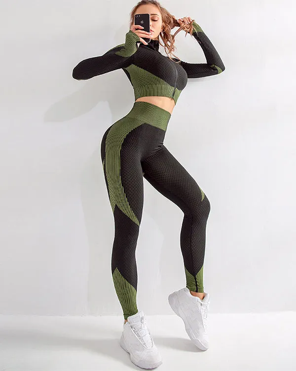 ColorBlock Stand-Up Collar Zipper Jacket And Leggings Gym Sets