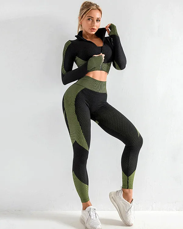 ColorBlock Stand-Up Collar Zipper Jacket And Leggings Gym Sets