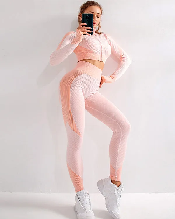 ColorBlock Stand-Up Collar Zipper Jacket And Leggings Gym Sets