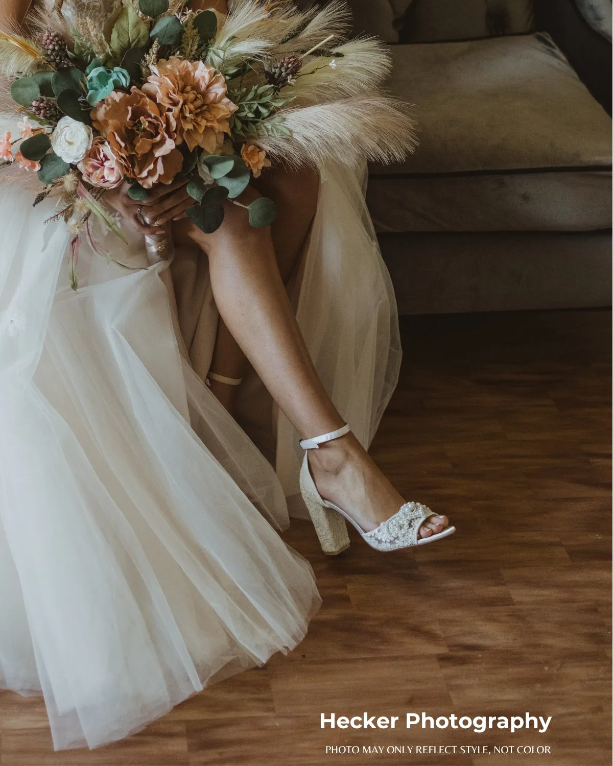 Crochet Lace Block Heel Sandals with Small Pearls Applique