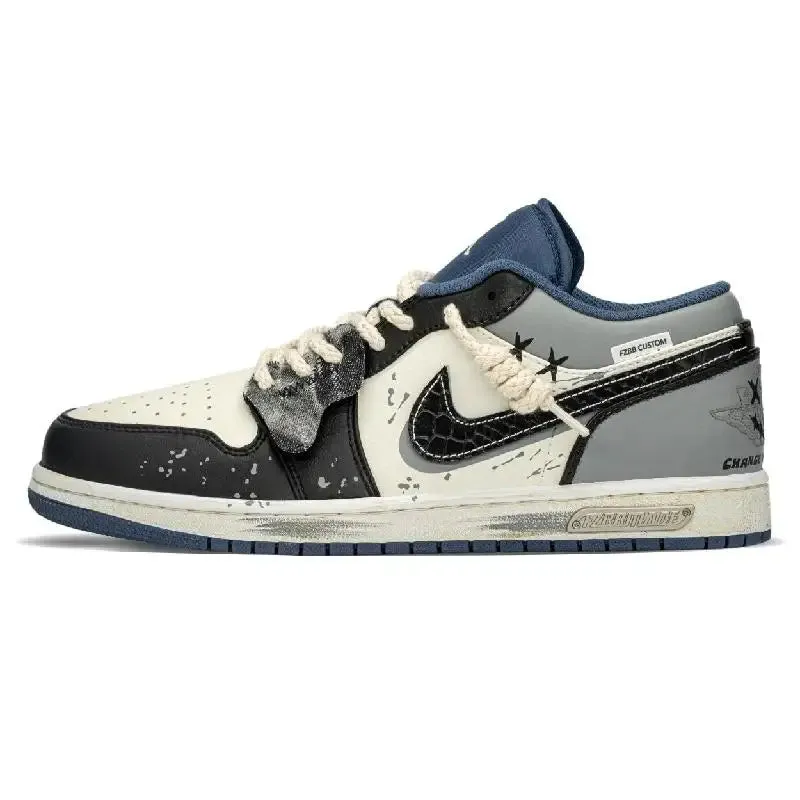【Customize】Air Jordan 1 Vintage Basketball Shoes Men Low-top Black/grey Sneakers shoes 553558-414