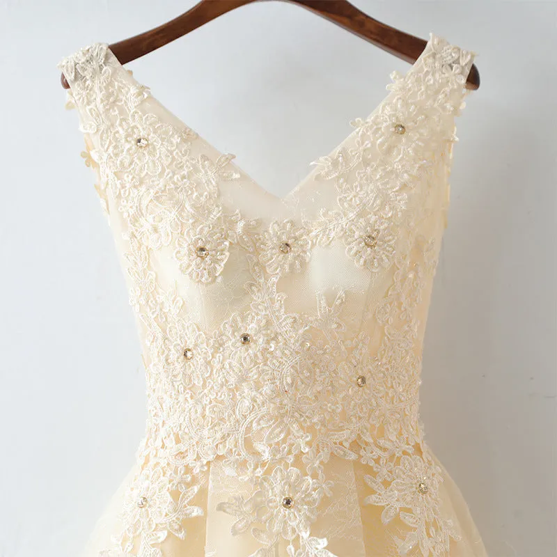 Cute Light Champagne Lace Knee Length Party Dress, Short Prom Dress