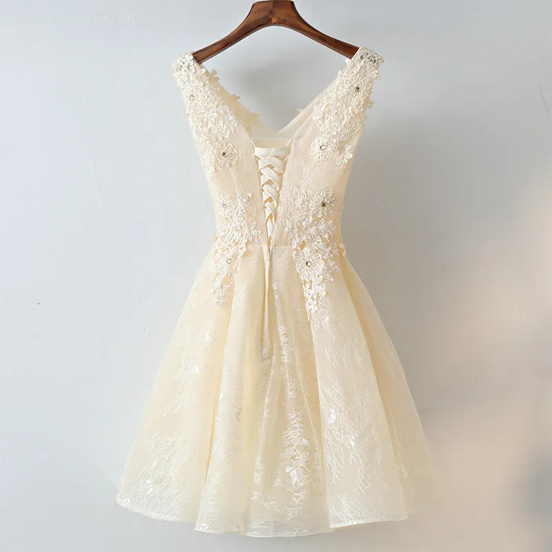 Cute Light Champagne Lace Knee Length Party Dress, Short Prom Dress