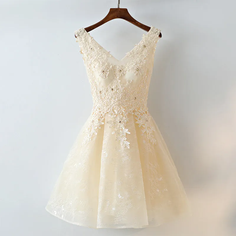 Cute Light Champagne Lace Knee Length Party Dress, Short Prom Dress